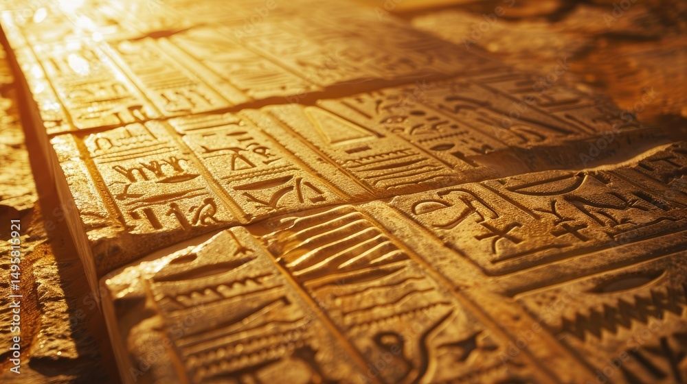 Fototapeta premium Egyptian obelisk hieroglyph detail, flat lay, sunlit engravings on sandstone, warm gold and red tones