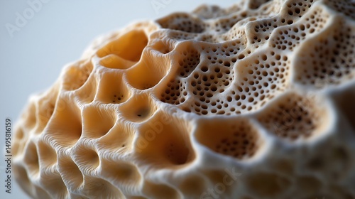 A macro shot of a coral fragment, highlighting its porous, honeycomb-like structure.