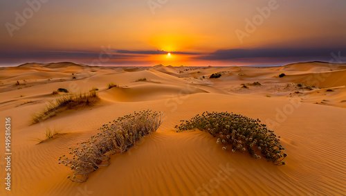 A vibrant sunset paints the sky over a tranquil beach with golden sand and gentle waves