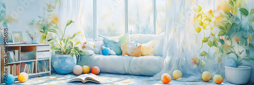 A light watercolour drawing of a cosy children's room in light blue tones, full of air and light, with a soft sofa, lots of balls, books, decorative plants and a wide window with translucent curtains.
