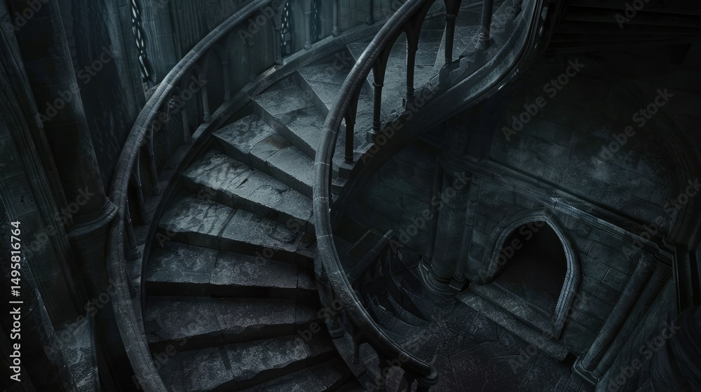 Fototapeta premium Gothic spiral stairwell interior, close-up, dramatic shadows and stone, vertical twist, medieval mood