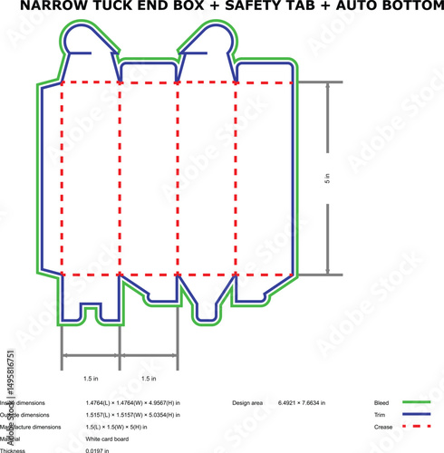 Auto bottom safety tab narrow tuck end box diecut template