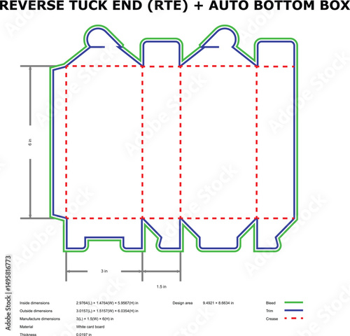 Reverse tuck end auto bottom box diecut template