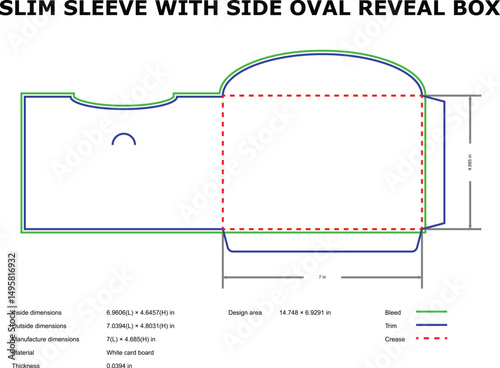 Slim sleeve box design template side oval reveal diecut
