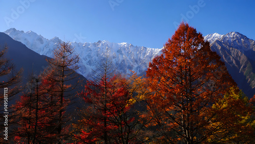 Colorful autumn mountain landscape at sunset with vibrant trees and fall foliage