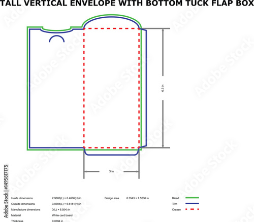 Tall vertical envelope box diecut template bottom tuck flap design