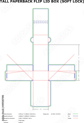 Tall paperback flip lid box diecut template soft lock design
