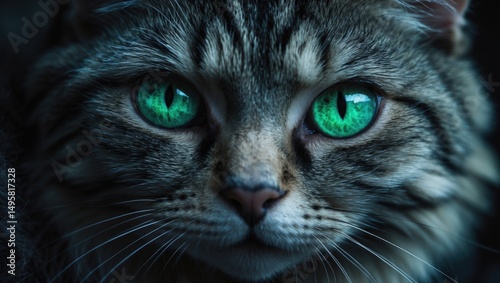 A cat with magical green eyes in a Halloween close-up