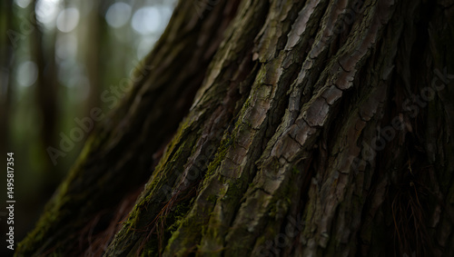 A rough, moss-covered tree trunk displays the intricate bark patterns of an old forest pine