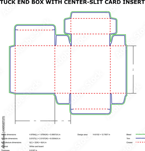 Tuck end box diecut template center slit card insert design