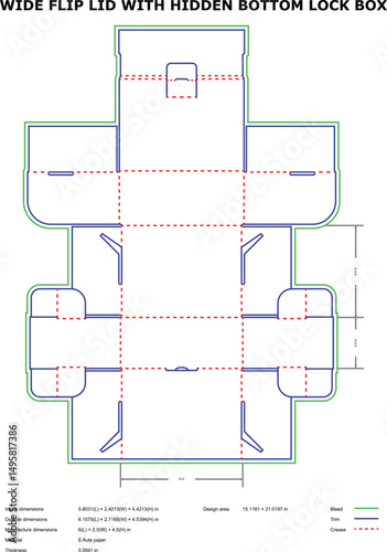 Wide flip lid hidden bottom lock box diecut template