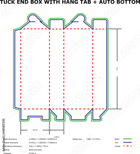 Diecut tuck end box template hang tab auto bottom