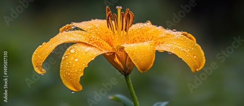 Golden lily glistening with water droplets, a captivating floral close-up