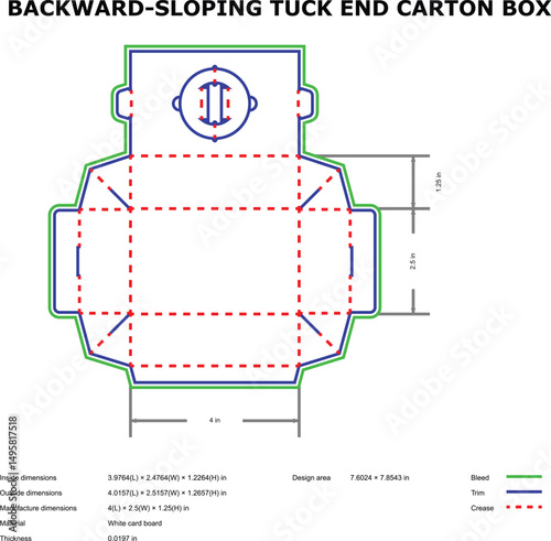 Backward sloping tuck end carton box diecut template