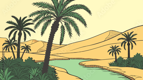 Stylized scene of a desert oasis with palm trees and water