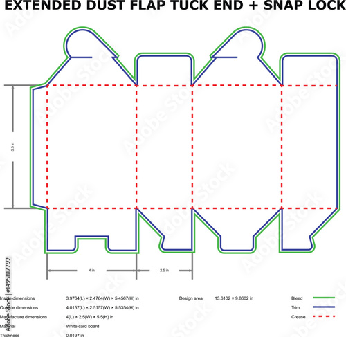 Extended dust flap tuck end snap lock box diecut template