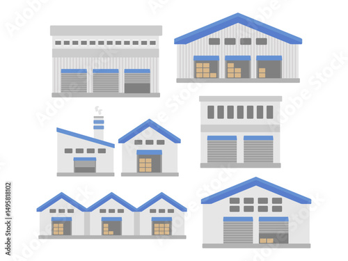 工場  倉庫  建物  イラストセット
