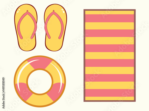 Summer Vacation Essentials Flat Lay Illustration Yellow Pink Beach Towel Flip Flops Life Ring