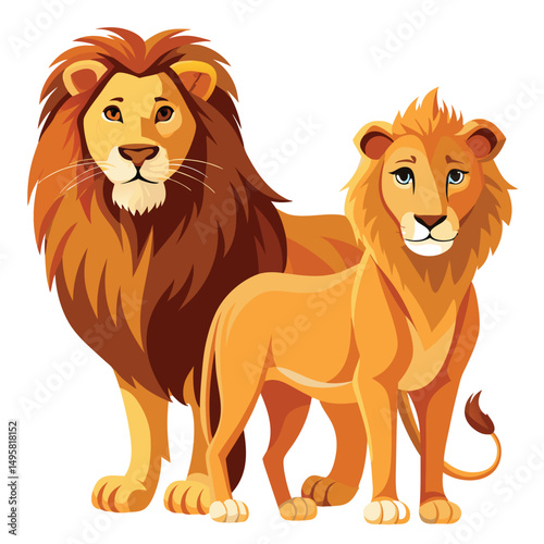 A majestic lion and lioness stand side-by-side
 with white background
