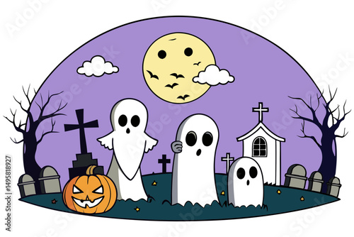 Eerie night graveyard vector with spooky ghosts