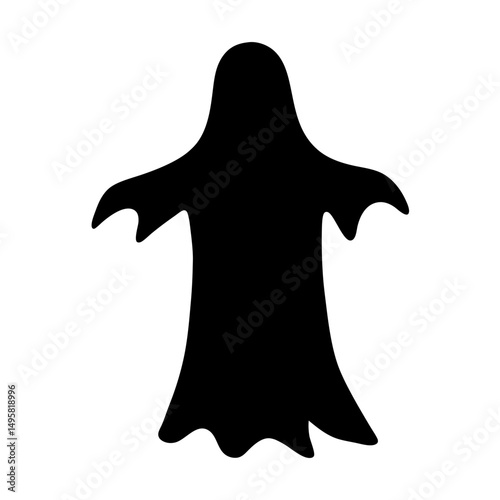 A black silhouette of a ghost floating on a white background