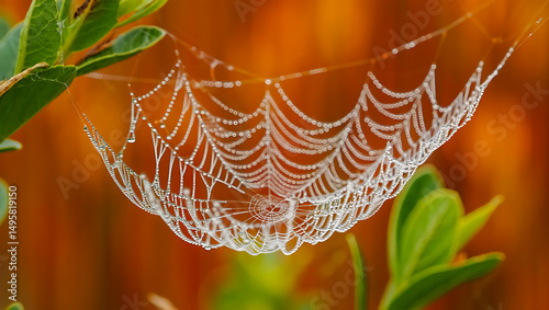 Morning dew-kissed spiderweb with water drops, a natural macro pattern