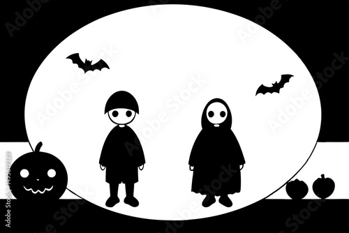 Trick or treaters walking down a moonlit Halloween street