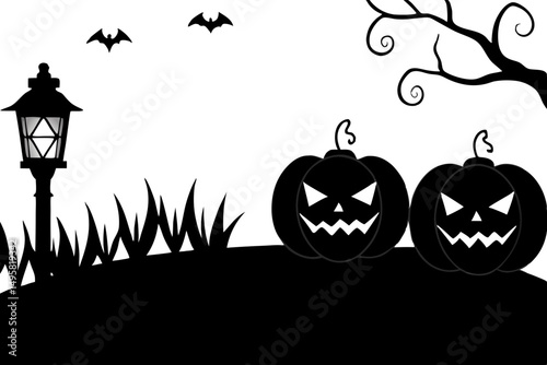 Eerie pumpkin patch with glowing carved pumpkins at twilight