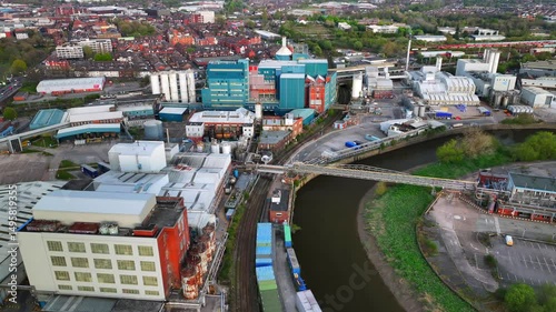 Aerial video of Warrington's old factory and river Mersey 