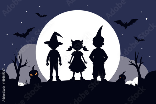 Silhouetted children on Halloween night street scene