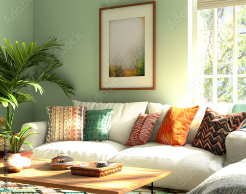 Colorful Throw Pillows and Cozy Sofa Interiors – Modern Home Decor Photography. AI generative.