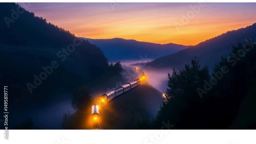 
The yellow lights of two trains approaching each other from afar are visible. The train tracks curve towards each other.
