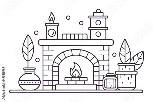 Vector fireplace design with decorative brick and mantle