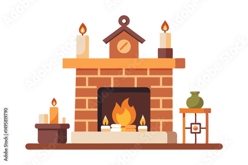 Cozy fireplace mantel vector with brick texture and decor