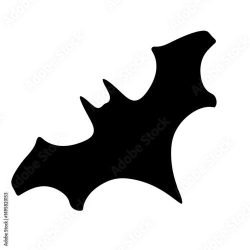 Silhouette of a single black bat flying against a stark white background