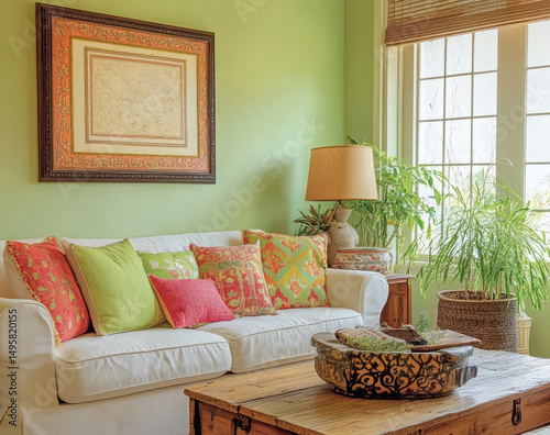 Colorful Throw Pillows and Cozy Sofa Interiors – Modern Home Decor Photography. AI generative.