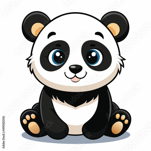 A fluffy baby panda with black eye patches sits comfortably  with white background.