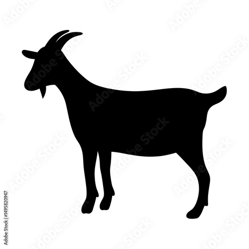 A black silhouette of a goat standing against a white background