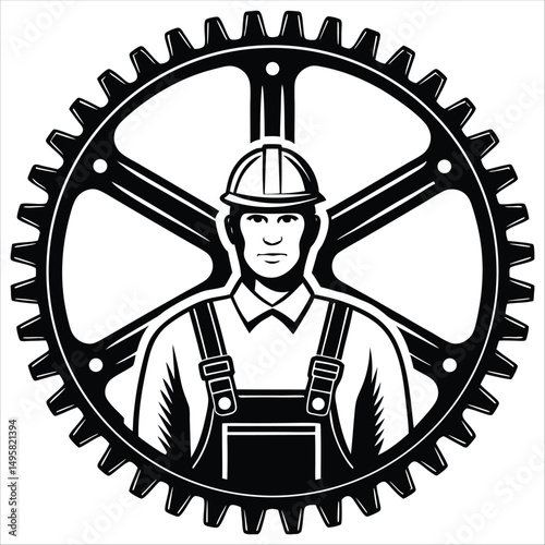Factory labourer in cogwheel frame