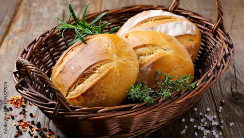 Freshly baked brown bread and buns in a wicker basket on an isolated white background, perfect for a healthy breakfast or snack