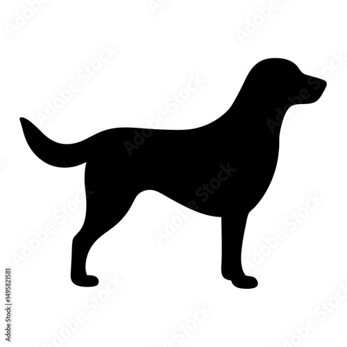 Black silhouette of a standing dog with a wagging tail, isolated