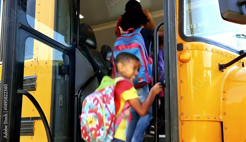 Children boarding school bus, sunny day.