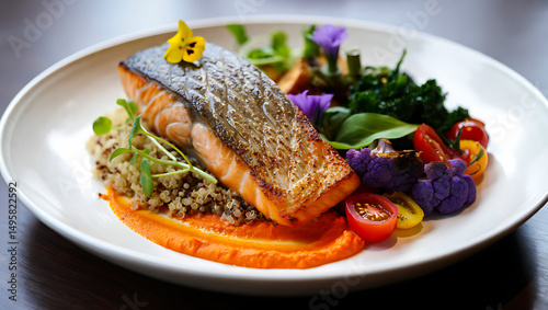 Grilled salmon steak with roasted vegetables, a healthy and delicious gourmet meal