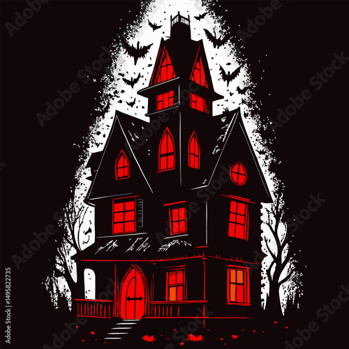 Eerie red glowing victorian haunted house at night