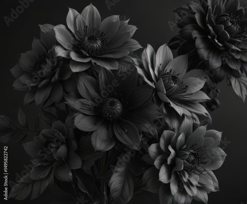 Deep black & charcoal blooms, dark grey backdrop  Luxurious floral design  , nature, botanical