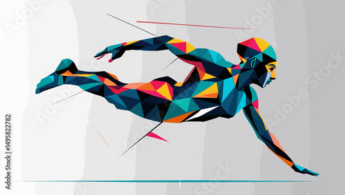 Swimmer in dynamic pose gliding through water in a colorful geometric style design