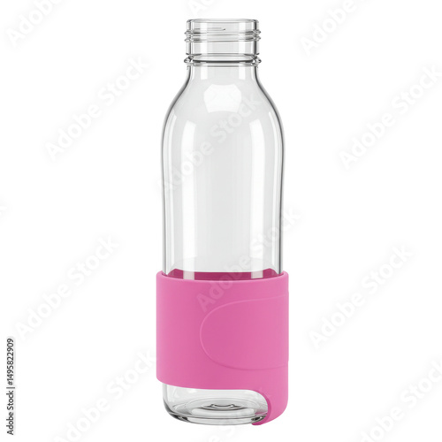 Clear glass bottle with pink sleeve for liquid, isolated against black, top removed for use