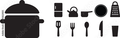 Kitchen utensils silhouette set – cooking tools, appliances, and dishware