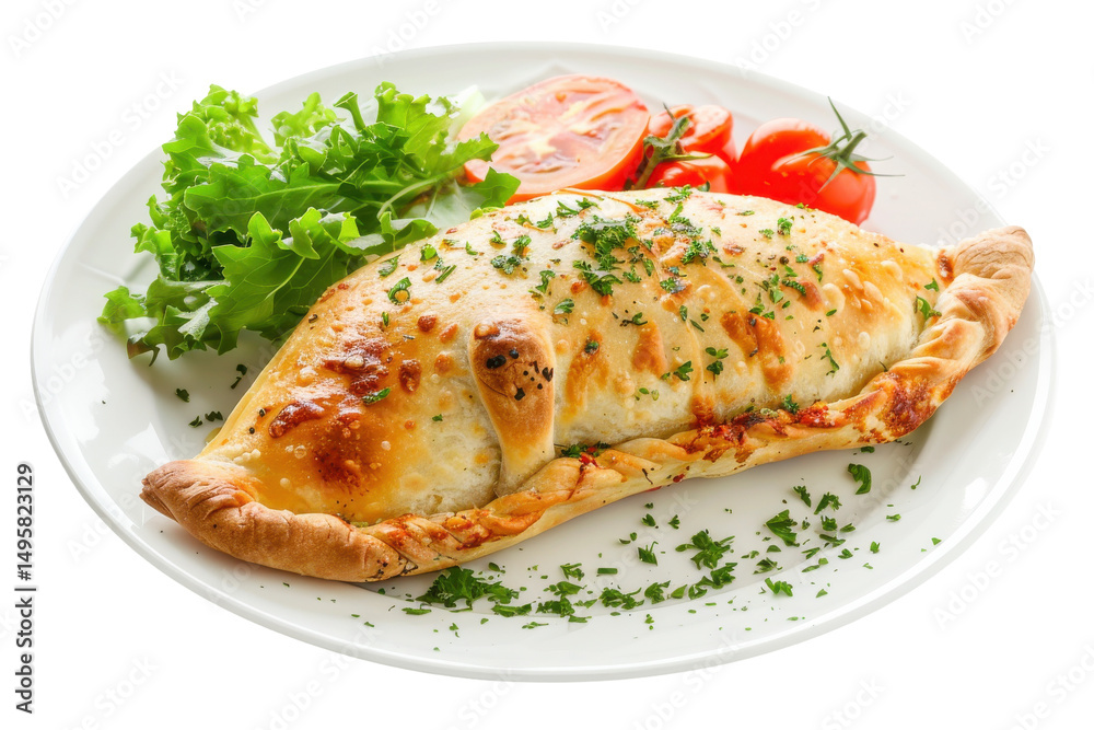 Golden-brown calzone stuffed with cheese and herbs, served with fresh lettuce and tomatoes Golden-brown calzone stuffed with cheese and herbs, served with fresh lettuce and tomatoes