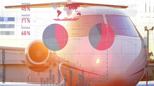 Sun backlighting jet causing sliding charts pivoting pie graphs camera dollying in showing metrics